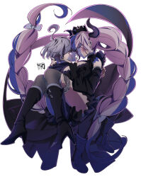 Rule 34 | 1boy, 1girl, black dress, black footwear, black gloves, black horns, black thighhighs, boots, bow, braid, commentary request, crown, detached sleeves, dress, eye contact, fingerless gloves, floating hair, fukagawa kazumi, gloves, grey hair, half-closed eyes, hand on another&#039;s chin, hand on another&#039;s neck, hetero, high heel boots, high heels, highres, horns, long hair, long sleeves, looking at another, master detective archives: rain code, parted lips, pink eyes, pink hair, profile, purple eyes, shinigami (rain code), short hair, signature, thighhighs, twin braids, very long hair, white bow, yuma kokohead