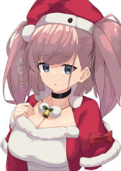 Rule 34 | 1girl, absurdres, atlanta (kancolle), breasts, brown hair, cleavage, collar, grey eyes, hat, highres, kantai collection, large breasts, looking at viewer, osmium-76, santa costume, santa hat, solo, two side up, upper body, white background