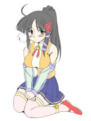 Rule 34 | 1girl, ahoge, alternate color, alternate hairstyle, bare shoulders, black hair, blue skirt, blush, breasts, character name, detached sleeves, flat color, flying sweatdrops, full body, hair ornament, hair ribbon, large breasts, long hair, looking at viewer, mary janes, os-tan, own hands together, parted bangs, pink thighhighs, pleated skirt, ponytail, ribbon, see-through, shirt, shoes, sidelocks, simple background, sitting, skirt, sleeveless, sleeveless shirt, solo, tears, thighhighs, tress ribbon, v arms, wariza, white eyes, wing collar, xp-tan, zettai ryouiki