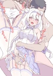 Rule 34 | 1boy, 1girl, arm grab, bare shoulders, blush, bow, braid, breasts, collared dress, double bun, dress, elia stellaria, fingering, frills, garter straps, hair bun, hairband, highres, jacket, large breasts, open clothes, open jacket, open mouth, panties, purple eyes, skirt, sweat, thick thighs, thighs, twin braids, underwear, v-dere, virtual youtuber, wet, white hair, zandorosouls