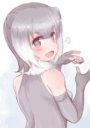 Rule 34 | &gt;:d, 10s, 1girl, :d, animal ears, blush, breasts, brown eyes, elbow gloves, fingerless gloves, from behind, fume, fur collar, gloves, grey gloves, grey hair, kemono friends, looking back, multicolored hair, nenkou-san, open mouth, otter ears, rock, sketch, small-clawed otter (kemono friends), small breasts, smile, solo, two-tone hair, upper body, v-shaped eyebrows, white background, white hair