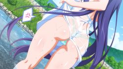 Rule 34 | 1girl, anger vein, aqua panties, ass, blue hair, day, dimples of venus, dress, dutch angle, game cg, head out of frame, highres, long hair, non-web source, panties, sakura succubus, see-through, solo, spoken anger vein, standing, underwear, very long hair, wading, wanaca, wet, wet clothes, wet dress, white dress