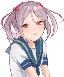 Rule 34 | 1girl, blue sailor collar, rabbit, rabbit on shoulder, commentary request, hair bobbles, hair ornament, highres, kantai collection, looking at viewer, pink hair, red eyes, sailor collar, sakieko, sazanami (kancolle), school uniform, serafuku, short hair, simple background, tongue, tongue out, twintails, upper body, white background