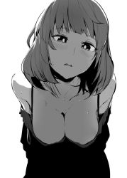 Rule 34 | 10s, 1girl, bad id, bad twitter id, bare shoulders, breasts, eightman, greyscale, idolmaster, idolmaster cinderella girls, leaning forward, looking at viewer, mole, mole under eye, monochrome, open mouth, parted lips, short hair, solo, sweat, takagaki kaede