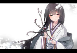 Rule 34 | black hair, branch, closed eyes, floating hair, flower, hime cut, holding, holding branch, japanese clothes, karaginu mo, kimono, layered clothes, layered kimono, letter, letterboxed, long hair, original, plum, plum blossoms, princess, simple background, tamanoti, winter