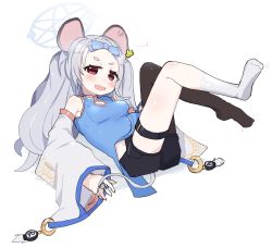 Rule 34 | 1girl, animal ears, artist request, asymmetrical legwear, bag, blue archive, blue dress, breasts, china dress, chinese clothes, detached sleeves, dress, ear tag, gun, halo, handbag, handgun, highres, holstered, large ears, medium breasts, mouse (animal), mouse ears, mouse girl, mouse tail, red eyes, saya (blue archive), socks, solo, tail, thighhighs, uneven legwear, user uvtr7835, weapon, wide sleeves