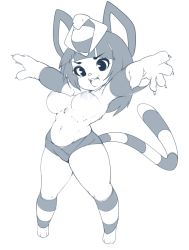Rule 34 | 1girl, :3, animal crossing, animal ears, animal hands, ankha (animal crossing), arms up, bandages, blunt bangs, breasts, cat ears, cat tail, claws, fang, female focus, full body, furry, furry female, hair ornament, happy, highres, jpeg artifacts, legs apart, medium breasts, monochrome, navel, nintendo, nipples, open mouth, outstretched arms, short hair, simple background, slugbox, smile, snake hair ornament, solo, spread arms, standing, striped legwear, tail, teeth, topless, white background