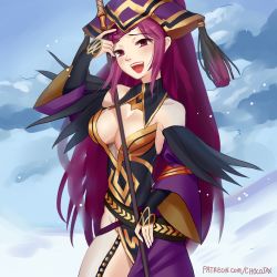 Rule 34 | 1girl, bare shoulders, braid, braided ponytail, breasts, chocojax, cleavage, cloud, cloudy sky, detached collar, dress, feather trim, fire emblem, fire emblem heroes, garter straps, hair ornament, hat, highres, holding, holding staff, large breasts, lips, loki (fire emblem), long hair, looking at viewer, nintendo, no panties, open mouth, plunging neckline, purple eyes, purple hair, sky, smile, solo, staff, tassel, thighs