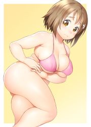 Rule 34 | 10s, 1girl, 3:, bikini, blush, breast lift, breasts, brown eyes, brown hair, cleavage, embarrassed, covered erect nipples, fat rolls, female focus, hair ornament, hairclip, idolmaster, idolmaster cinderella girls, large breasts, looking at viewer, mimura kanako, onsoku inu, pink bikini, plump, short hair, solo, swimsuit, thick thighs, thighs