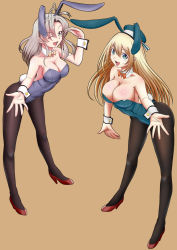 Rule 34 | &gt;;d, 2girls, :d, ;d, adapted costume, alternate costume, animal ears, antenna hair, aqua eyes, aqua hat, aqua leotard, asymmetrical bangs, atago (kancolle), bare arms, bare shoulders, beret, black legwear, blonde hair, blue hat, blue leotard, bow, bowtie, breasts, brown background, cleavage, covered navel, detached collar, fake animal ears, female focus, full body, green eyes, grey hair, grey leotard, hair between eyes, hair tie, hand up, hat, high heels, kantai collection, kinugasa (kancolle), large breasts, leaning, leaning forward, leotard, long hair, looking at viewer, medium breasts, moke ro, multiple girls, neck, one eye closed, open mouth, orange neckwear, orange ribbon, outstretched arm, outstretched hand, pantyhose, playboy bunny, purple leotard, rabbit ears, rabbit tail, red footwear, ribbon, simple background, smile, strapless, strapless leotard, tail, wink, wrist cuffs, yellow neckwear, yellow ribbon