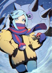 Rule 34 | 1boy, blue eyes, blue hair, cetitan, commentary request, creatures (company), eyelashes, game freak, glint, grusha (pokemon), hand in pocket, highres, holding, holding poke ball, jacket, kuroi susumu, long sleeves, looking at viewer, male focus, nintendo, pants, poke ball, poke ball (basic), poke ball print, pokemon, pokemon (creature), pokemon sv, scarf, scarf over mouth, solo, yellow jacket