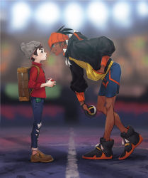 Rule 34 | 2boys, aqua eyes, beanie, black hair, black hoodie, brown footwear, brown hair, cable knit, commentary, creatures (company), dark-skinned male, dark skin, denim, earrings, eye contact, game freak, gloves, grey headwear, gym leader, hand in pocket, hat, highres, holding, holding poke ball, hood, hoodie, jeans, jewelry, knees, leaning forward, looking at another, male focus, mori (patiee), multiple boys, nintendo, pants, partially fingerless gloves, plaid, poke ball, poke ball (basic), pokemon, pokemon swsh, raihan (pokemon), red shirt, shirt, shoes, shorts, side slit, side slit shorts, single glove, sleeves rolled up, standing, suitcase, torn clothes, torn jeans, torn pants, ultra ball, victor (pokemon)