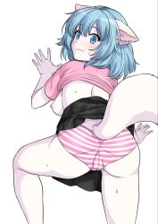 Rule 34 | animal ears, black skirt, blue eyes, blue hair, clothes lift, colored skin, exposed chest, highres, panties, pantyshot, pink panties, pink shirt, pink t-shirt, pussy juice, pussy juice drip, pussy juice drip through clothes, pussy juice stain, shirt, skirt, skirt lift, smug, smug smile, striped clothes, striped panties, sweat, sweatdrop, tail, underwear, virtual youtuber, white background, white panties, white skin, wolf ears, wolf girl, wolf tail, wolfychu, youtube