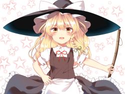 Rule 34 | &gt;:d, 1girl, :d, apron, bamboo broom, blonde hair, blush, braid, broom, collared shirt, commentary, hand on own hip, hat, kirisame marisa, large hat, long hair, looking at viewer, open mouth, shirt, side braid, single braid, skirt, skirt set, smile, solo, star (symbol), starry background, touhou, v-shaped eyebrows, vest, waist apron, wavy hair, witch hat, yellow eyes, yururi nano