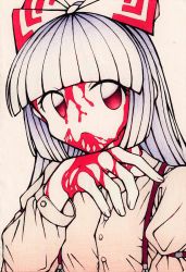 Rule 34 | 1girl, arm strap, bleeding from forehead, blood, blood from mouth, blood on hands, bow, buttons, collared shirt, commentary, fujiwara no mokou, hair bow, hand up, highres, hime cut, iigudaguda1122, long sleeves, looking at viewer, medium hair, red eyes, shirt, solo, suspenders, touhou, traditional media, upper body, white bow, white hair, white shirt