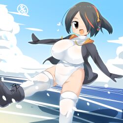 Rule 34 | 1girl, black footwear, black hair, black jacket, blue sky, blush, boots, breasts, brown eyes, cloud, commentary request, covered navel, dated, day, emperor penguin (kemono friends), foot out of frame, hair between eyes, hair over one eye, headphones, heart, highres, jacket, kemono friends, large breasts, lets0020, long bangs, looking at viewer, multicolored hair, ocean, open clothes, open jacket, open mouth, orange hair, outdoors, outline, short hair, sky, smile, solo, streaked hair, thighhighs, walking, white outline, white thighhighs