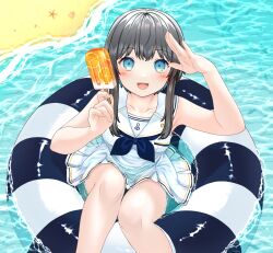 Rule 34 | 1girl, :d, absurdres, anchor symbol, arm up, bare arms, bare shoulders, beach, black hair, blue eyes, blue hair, blue neckerchief, blush, collarbone, commentary request, dress, feet out of frame, food, from above, highres, holding, holding food, innertube, knees up, kurata rine, looking at viewer, looking up, multicolored hair, neckerchief, open mouth, original, pleated dress, popsicle, sailor collar, sand, seashell, shell, sidelocks, sleeveless, sleeveless dress, smile, solo, starfish, swim ring, two-tone hair, water, white dress, white sailor collar