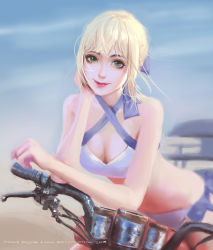 Rule 34 | 1girl, artist name, bicycle, bikini, blonde hair, blue bow, bow, breasts, character request, cleavage, closed mouth, commentary, dated, english commentary, green eyes, hair bow, highres, lipstick, looking at viewer, makeup, mars foong, medium breasts, pink lips, short hair, smile, solo, speedpaint, swimsuit, white bikini