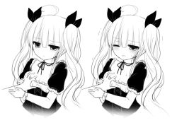 Rule 34 | 1girl, bad id, bad pixiv id, blush, grabbing another&#039;s breast, grabbing, greyscale, long hair, monochrome, monochrome, one eye closed, original, solo focus, tsukikage nemu, twintails, wink