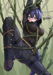 Rule 34 | 1girl, absurdres, arms up, artist name, belt, black footwear, black pants, black scarf, blue hair, blush, boots, breasts, brown belt, chain, cross-laced clothes, entangled, foot out of frame, grey eyes, hair between eyes, high heel boots, high heels, highres, hood, knee up, korean text, large breasts, legs, long hair, long sleeves, maplestory, open mouth, p-kass, pants, pathfinder (maplestory), plant, scarf, solo, thigh strap, translation request, very long hair, vest, vines