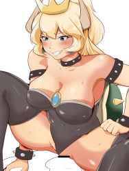 Rule 34 | 1girl, adapted costume, alternate costume, aqua eyes, bar censor, bare shoulders, belly, black leotard, blonde hair, blush, bowsette, bracelet, breasts, brooch, censored, clothing aside, collar, crown, earrings, grin, hair between eyes, highres, imminent penetration, imminent vaginal, impossible clothes, impossible leotard, jewelry, large breasts, leotard, leotard aside, looking down, mario (series), naughty face, navel, new super mario bros. u deluxe, nintendo, noct act, ponytail, shell, shiny skin, sidelocks, smile, solo, spiked bracelet, spiked collar, spikes, squatting, strapless, strapless leotard, super crown, sweat, sweatdrop, thick thighs, thighs
