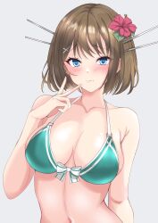 Rule 34 | 1girl, absurdres, alternate costume, armpit crease, bikini, blue eyes, breasts, brown hair, collarbone, commentary request, flower, green bikini, hair flower, hair ornament, hand up, headgear, highres, kantai collection, large breasts, looking at viewer, maya (kancolle), navel, nitamako (sakamalh), short hair, solo, swimsuit, upper body, v, x hair ornament