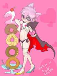 Rule 34 | 1girl, :p, animal ears, bandages, cape, eyepatch, high heels, kohne, neoko, original, pink eyes, pink hair, shoes, solo, stitched, stitches, third-party edit, tongue, tongue out