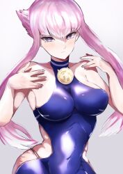 Rule 34 | 1girl, absurdres, bababaeki00, bare shoulders, blush, breasts, clothing cutout, hands on own shoulders, highres, hime cut, hip vent, large breasts, manon legrand, medal, narrow waist, panty straps, pink hair, purple eyes, side cutout, sidelocks, skin tight, solo, spandex, street fighter, street fighter 6, white background, wide hips