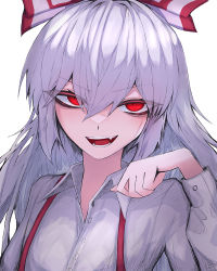 Rule 34 | 1girl, 33 gaff, bow, buttons, collar, collared shirt, duplicate, eyes visible through hair, fang, fangs, fujiwara no mokou, grey hair, hair between eyes, hand up, long hair, long sleeves, looking at viewer, open clothes, open mouth, open shirt, pixel-perfect duplicate, red bow, red eyes, shirt, simple background, smile, solo, teeth, tongue, touhou, two-tone bow, upper body, white background, white bow, white shirt, white sleeves
