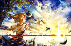 Rule 34 | 1girl, alice margatroid, bird, blonde hair, blue dress, blue eyes, blue sky, bluebird, blurry, capelet, cloud, depth of field, dress, eredhen, forest, from behind, from side, grass, hairband, horizon, lake, light rays, looking afar, morning, nature, open hands, outstretched arms, parted lips, reflection, ribbon, silhouette, sky, solo, sun, sunbeam, sunburst, sunlight, torii, touhou, tree, wind