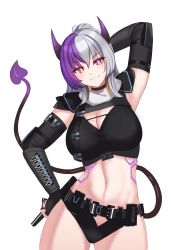 Rule 34 | 1girl, absurdres, animal ears, arm up, black legwear, breasts, cleavage, commission, demon, demon girl, demon horns, demon tail, full body, highres, horns, kanta (kanta 077), large breasts, long hair, looking at viewer, multicolored hair, navel, original, parted lips, ponytail, purple eyes, purple hair, silver hair, smile, solo, streaked hair, tail, tattoo, transparent background