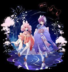 Rule 34 | 2girls, absurdres, animal ears, anqing, bag, bcy, black background, blue kimono, brown footwear, cat ears, cherry blossom print, faux figurine, fireworks, fish, floral print, flower, full body, goldfish, hair bun, hair flower, hair ornament, hand fan, highres, holding, holding bag, holding fan, japanese clothes, kimono, looking at viewer, low twintails, miao jiujiu, multiple girls, night, night sky, okobo, paper fan, pink eyes, pink hair, pouch, purple hair, red kimono, reflection, reflective water, ruan miemie, sandals, shoes, sky, smile, socks, standing, standing on one leg, star trail, tabi, twintails, uchiwa, white footwear, white socks, wide sleeves
