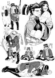 Rule 34 | 1boy, 1girl, ainu, ainu clothes, asirpa, asu (asoras), back, backpack, bag, bandana, boots, bow (weapon), cape, carrying, coat, earrings, fingerless gloves, fur boots, fur cape, gloves, golden kamuy, greyscale, gun, hair slicked back, hat, unworn hat, unworn headwear, highres, hoop earrings, indian style, jewelry, long hair, long sleeves, looking afar, lying, military hat, monochrome, multiple views, on lap, on side, open mouth, pants, pointing, princess carry, rifle, satchel, scar, scar on face, scarf, short hair, simple background, sitting, sleeping, sleeping on person, smile, snoring, speech bubble, spooning, stick, straight hair, sugimoto saichi, weapon, white background, wide sleeves