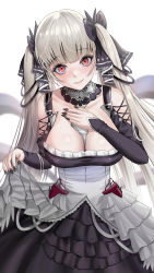 Rule 34 | 1girl, absurdres, azur lane, bad id, bad pixiv id, black dress, black nails, blush, bow, breasts, buko (bukosuki), cleavage, closed mouth, clothes lift, collarbone, dress, dress lift, formidable (azur lane), hair bow, hair ribbon, hand on own chest, highres, large breasts, lips, long hair, looking at viewer, nail polish, platinum blonde hair, red eyes, ribbon, simple background, smile, solo, standing, twintails, very long hair, white background