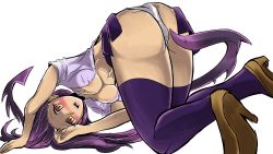 Rule 34 | 1girl, absurdres, all fours, alto (ezstrongs), areola slip, ass, black thighhighs, blush, breasts, covered erect nipples, filia (skullgirls), highres, long hair, no bra, open clothes, open shirt, panties, prehensile hair, purple hair, school uniform, shirt, skullgirls, solo, thighhighs, top-down bottom-up, underwear, upskirt, white background, white panties, yellow eyes