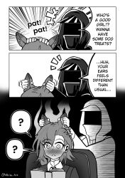 Rule 34 | +++, ?, absurdres, afterimage, animal ear fluff, animal ears, arknights, arms up, blush, closed mouth, collared shirt, comic, doctor (arknights), ear fondling, emphasis lines, english text, greyscale, hair between eyes, headpat, highres, hood, hood up, hooded jacket, jacket, long sleeves, mole, mole above eye, monochrome, nhim, nose blush, penance (arknights), shirt, speed lines, spoken question mark, steam