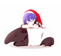 Rule 34 | 1girl, animal, blue hair, closed eyes, crossed arms, doremy sweet, hat, highres, hooves, nightcap, on animal, pom pom (clothes), red hat, rie-co, short sleeves, simple background, sleeping, solo, tapir, touhou, white background