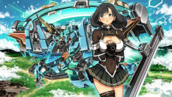 Rule 34 | 1girl, bad id, bad pixiv id, black gloves, black hair, breasts, cleavage cutout, clothing cutout, covered navel, fingerless gloves, floating hair, flying, garimpeiro, gloves, glowing, glowing eyes, hands on own chest, highres, horns, large breasts, looking to the side, mecha, medium hair, open hand, original, own hands together, robot, single horn, single thighhigh, thighhighs, yellow eyes