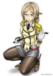 Rule 34 | 1girl, black pantyhose, brown hair, buttons, collared shirt, commentary request, double-breasted, epaulettes, folded ponytail, full body, glasses, green eyes, grey skirt, jacket, kantai collection, katori (kancolle), kudou (ooabareteng), long hair, looking at viewer, military, military uniform, miniskirt, necktie, one-hour drawing challenge, pantyhose, parted bangs, pencil skirt, riding crop, rimless eyewear, rudder footwear, shirt, simple background, skirt, solo, squatting, uniform, white background