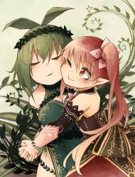Rule 34 | 2girls, :t, bare shoulders, blush, breasts, cheek-to-cheek, cleavage, closed eyes, closed mouth, commentary, dress, dryad, elbow gloves, gloves, green dress, green hair, hair between eyes, heads together, highres, holding hands, interlocked fingers, kaginoni, leaf, leaf on head, long hair, looking at another, monster girl, multiple girls, one eye closed, original, parted lips, pink eyes, pink gloves, pink hair, plant girl, pointy ears, short hair, side ponytail, smile