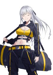 Rule 34 | 1girl, ak-12 (girls&#039; frontline), black pants, breasts, cleavage, closed eyes, closed mouth, facing viewer, girls&#039; frontline, grey hair, holding strap, long hair, long sleeves, medium breasts, pants, puffy long sleeves, puffy sleeves, shrug (clothing), simple background, smile, solo, vasant (mskyreach), very long hair, white background