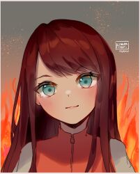 Rule 34 | 1girl, bare shoulders, blue eyes, blush, closed mouth, commentary, copyright request, dated, english commentary, fire, highres, kobutanori, light smile, long hair, red hair, red shirt, shirt, signature, sleeveless, sleeveless shirt, solo, swept bangs, upper body