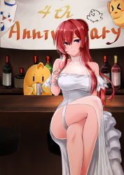 Rule 34 | alcohol, azur lane, bar stool, braid, breasts, cup, cushion booth, dress, frilled dress, frills, gloves, highres, holding, holding cup, large breasts, long hair, manjuu (azur lane), meowfficer (azur lane), monarch (azur lane), monarch (white warrick) (azur lane), monarch (white warrick) (azur lane), nail polish, official alternate costume, purple eyes, red hair, see-through, sitting, solo, stool, white dress, white gloves, wine