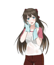 Rule 34 | 1girl, aqua eyes, aqua towel, artist name, artist request, blue eyes, blush, bow, breasts, brown hair, brown pants, collarbone, female focus, hair between eyes, hair bow, heart, high ponytail, highres, long hair, looking at viewer, love live!, love live! nijigasaki high school idol club, love live! school idol festival, osaka shizuku, pants, parted lips, ponytail, red bow, shirt, short sleeves, small breasts, smile, solo, towel, towel around neck, white background, white shirt