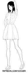 Rule 34 | 1girl, absurdres, collared shirt, full body, greyscale, highres, lineart, monochrome, original, shirt, shoes, simple background, skirt, solo, standing, tagme, vocher, white background