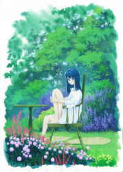 Rule 34 | 1girl, barefoot, blue eyes, blue hair, border, bush, chair, dress, flower, from side, highres, hugging own legs, long hair, long sleeves, looking at viewer, looking to the side, original, outdoors, parted lips, sawitou mizuki, sitting, solo, table, traditional media, tree, white border, white dress