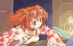 Rule 34 | 1girl, apron, artist name, bad id, bad twitter id, bell, book, checkered clothes, checkered kimono, dated, glasses, hair bell, hair ornament, japanese clothes, kimono, lantern, motoori kosuzu, oniku (o ni q), open mouth, red eyes, red hair, short hair, solo, touhou, twintails, two side up