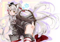 Rule 34 | 10s, 1girl, akatsuki hijiri, amatsukaze (kancolle), animal ears, cat ears, cat tail, covering ass, covering privates, fang, garter straps, kantai collection, kemonomimi mode, long hair, looking at viewer, machinery, open mouth, paw print, rensouhou-kun, silver hair, solo, striped clothes, striped thighhighs, tail, thighhighs, turret, twintails, two side up, very long hair, yellow eyes