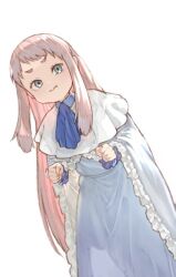 Rule 34 | 1girl, aqua eyes, ascot, blue ascot, blue cloak, blue dress, capelet, child, clenched hands, cloak, dress, dutch angle, feet out of frame, furrowed brow, long hair, long sleeves, looking at viewer, pink hair, pout, sidelocks, simple background, solo, sousou no frieren, standing, sword village chief (sousou no frieren), ve 0ekaki, white background, white capelet