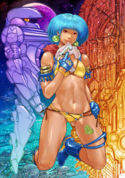 Rule 34 | 1girl, absurdres, armlet, bikini, blue footwear, blue gloves, blue hair, boots, breasts, earrings, gloves, highres, holding, holding weapon, jewelry, kneeling, mecha, moon, navel, red eyes, red scarf, robot, scarf, science fiction, short hair, small breasts, swimsuit, tan, vigwer, weapon, yellow bikini